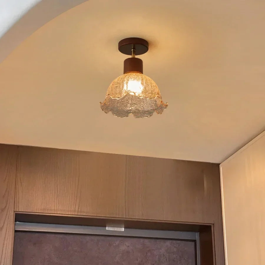 DecorBites™ Amber Ice Crack Glass Wood Ceiling Light - Nordic Modern LED Fixture