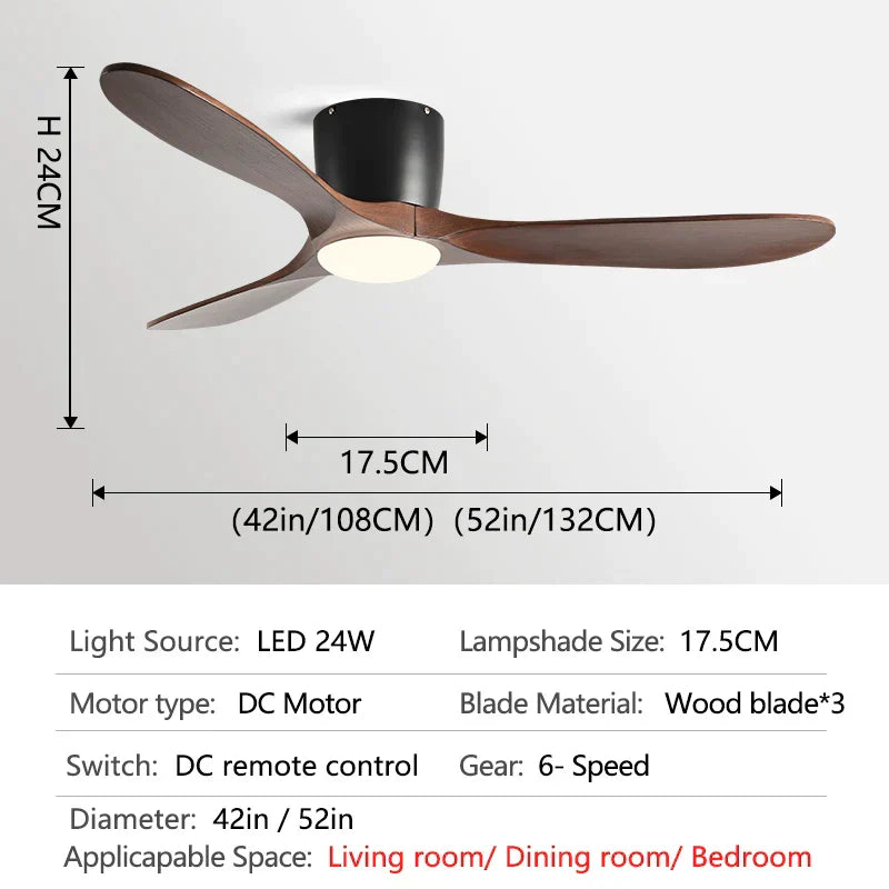 DecorBites™ 52" Low Floor Fan Lights Wood Blade Remote Control Ceiling Fan Strong Winds