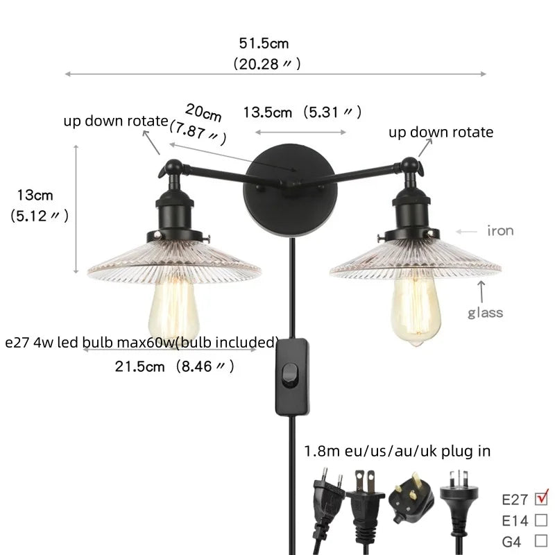 DecorBites™ Industrial LED Wall Light Fixture with Glass Pull Chain Switch - 2 Heads