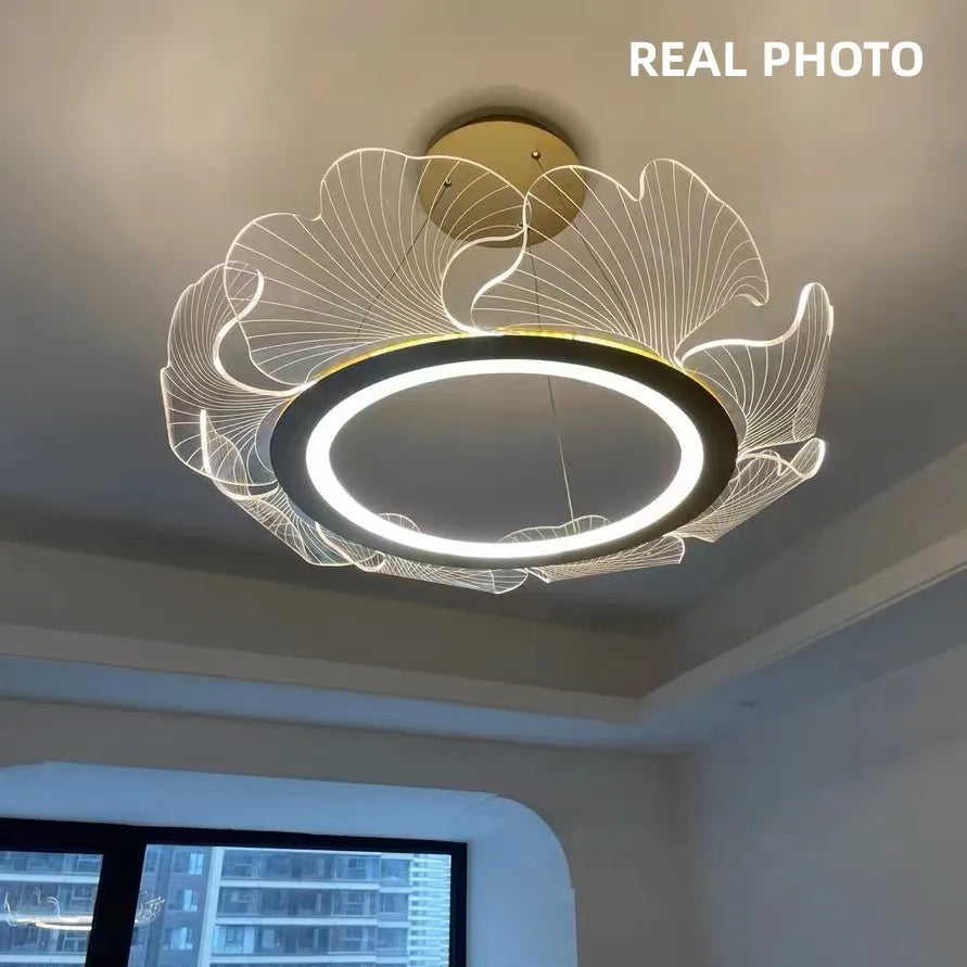 DecorBites™ Ginkgo Acrylic LED Pendant Chandelier Light, Gold Metal, Dimmable, Modern Minimalism