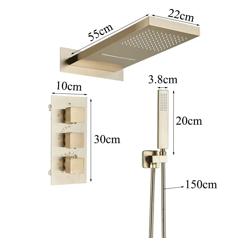 DecorBites™ Gold Thermostatic Rain Waterfall Shower Faucet Set - Wall Mounted Shower System