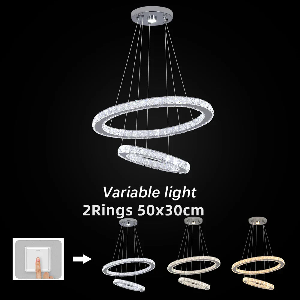 DecorBites™ Crystal Chrome LED Pendant Light Rings Chandelier for Living Room Bedroom
