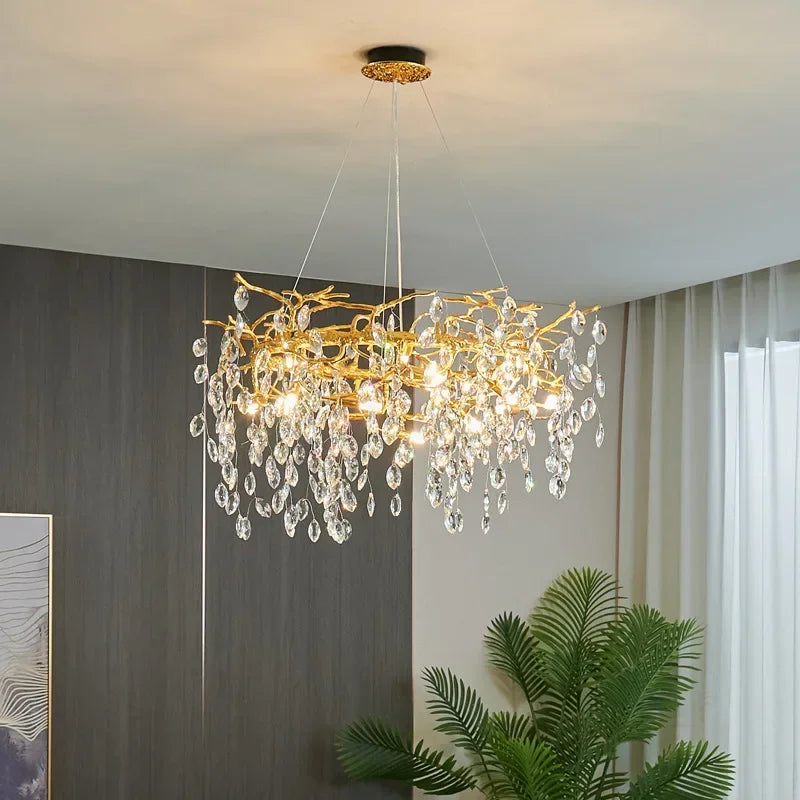 DecorBites™ ثريا سقف شجرية كريستالية ذهبية، مصباح فني فاخر من الألومنيوم