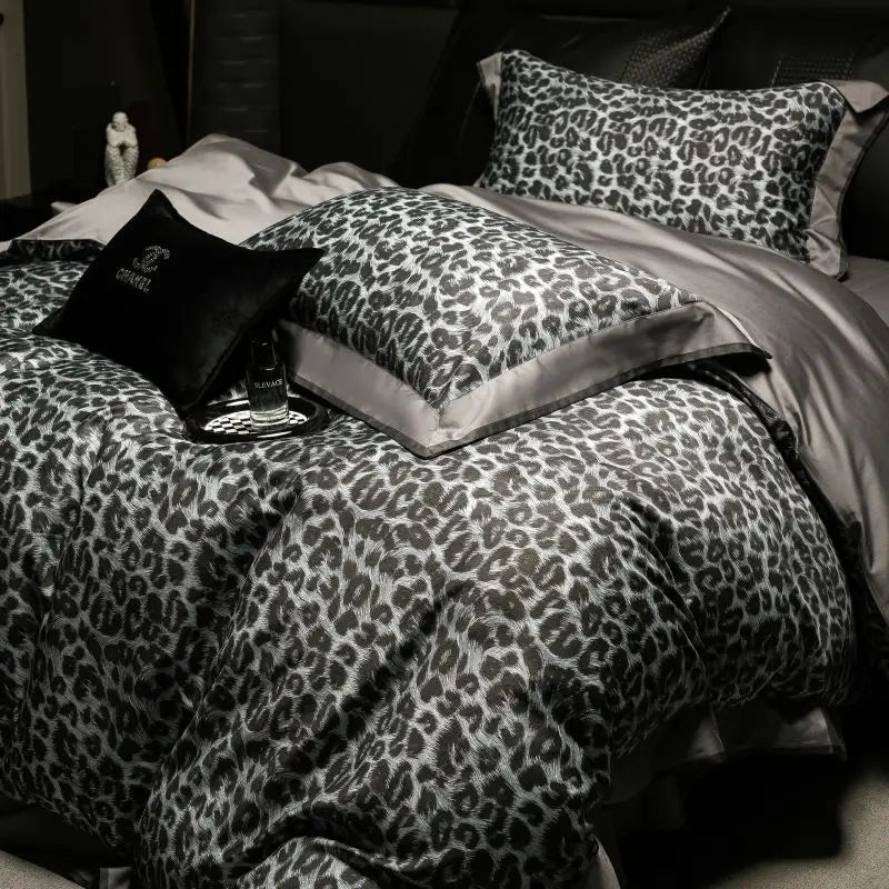 DecorBites™ 1000TC Egyptian Cotton Grey Leopard Print Bedding Set with Duvet Cover, Sheet, Pillowcase