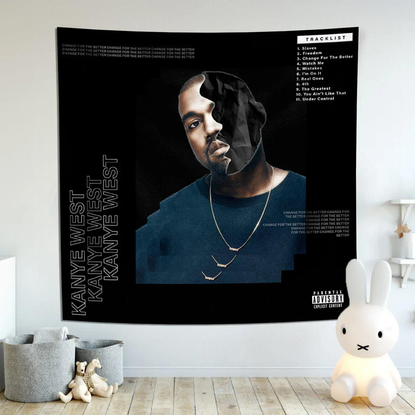 DecorBites™ نسيج Kanye's West الجداري: ملصق غلاف ألبوم موسيقي لتزيين غرفة النوم