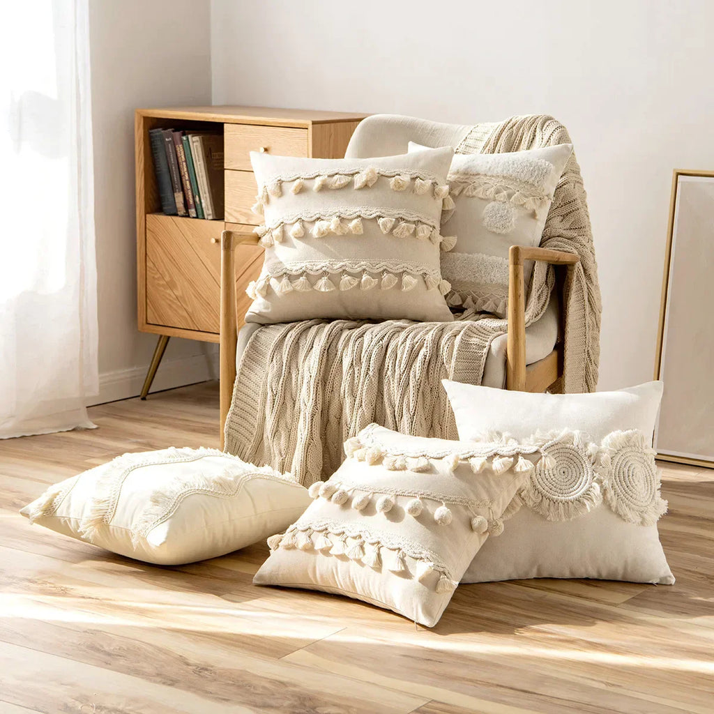 DecorBites™ Beige Tufted Fringed Cushion Cover Cotton Linen Tassel Crochet Pillow Cover