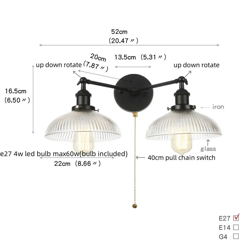 DecorBites™ Industrial LED Wall Light Fixture with Pull Chain Switch, 2 Heads Bedside Lamp