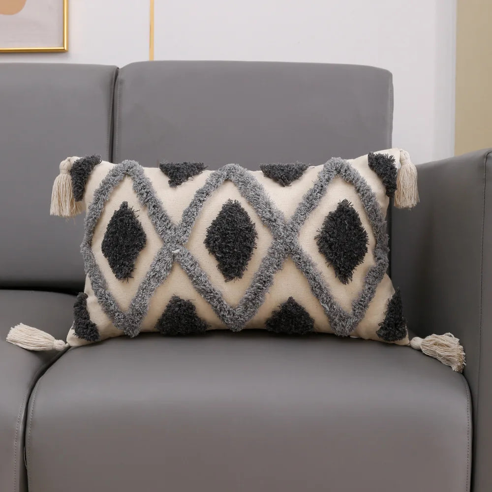 DecorBites™ Grey Geometric Tufted Cushion Cover with Fringe, Home & Car Decor Pillow Cover