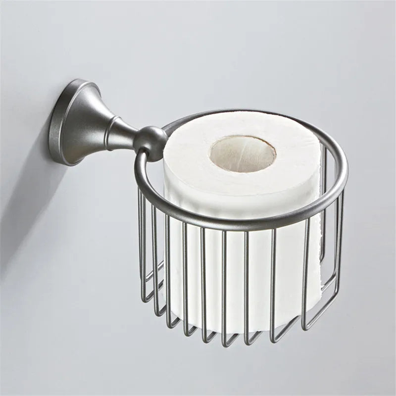 DecorBites™ Gray Bathroom Accessories Set: Towel Rack, Toilet Brush Holder, Shelf, Soap Dish