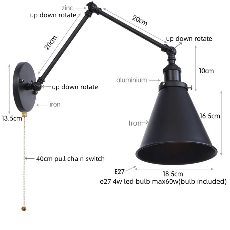 مصباح حائط DecorBites™ LED بذراع طويل مع مفتاح سحب لسلسلة للمنزل والفندق والحمام