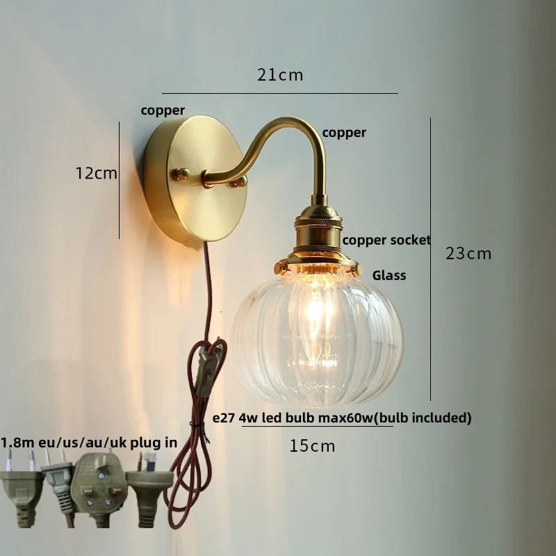 DecorBites™ Clear Glass LED Wall Sconce Pull Chain Switch Modern Copper Bedside Lamp