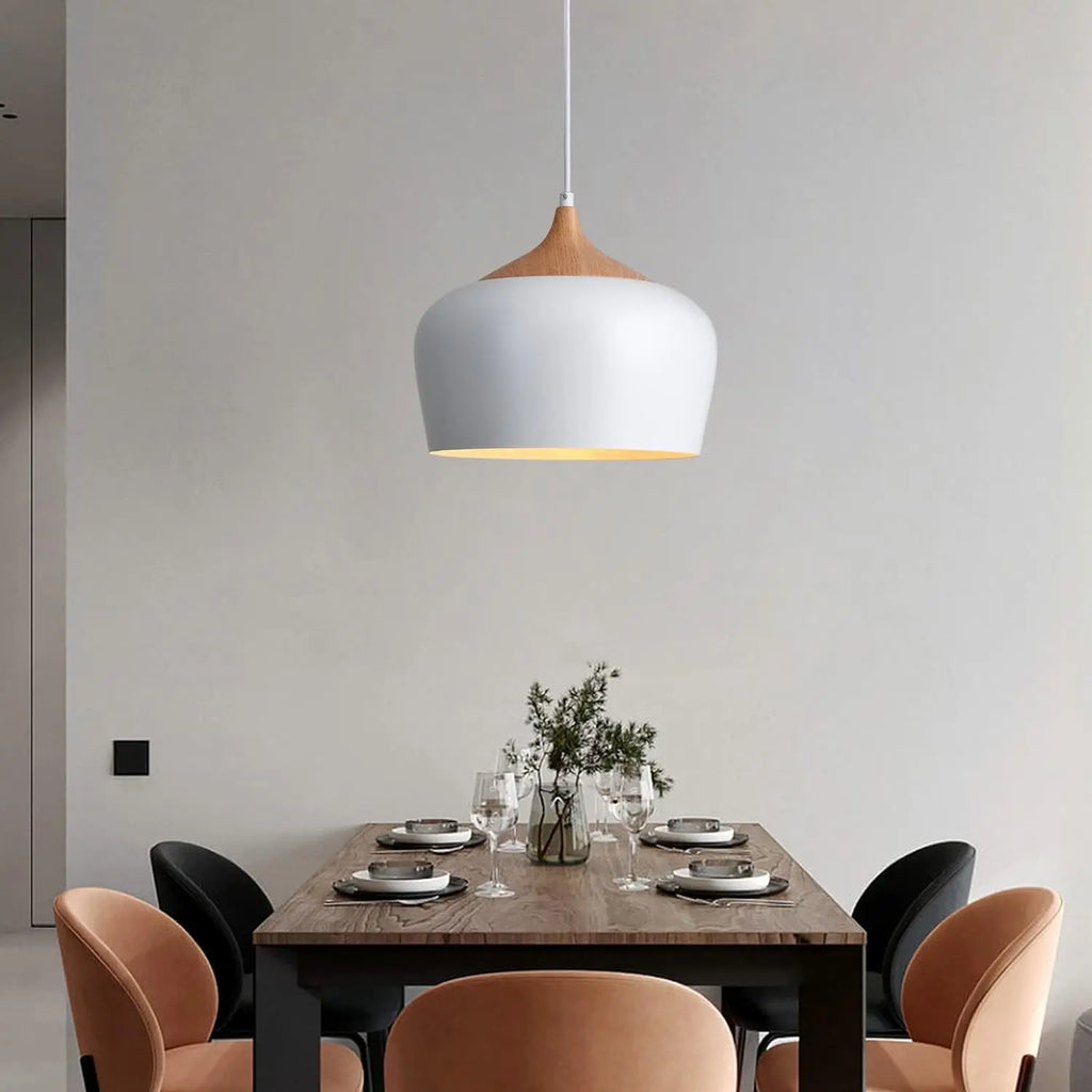 Nordic White Iron Pendant Light With Wood Accent