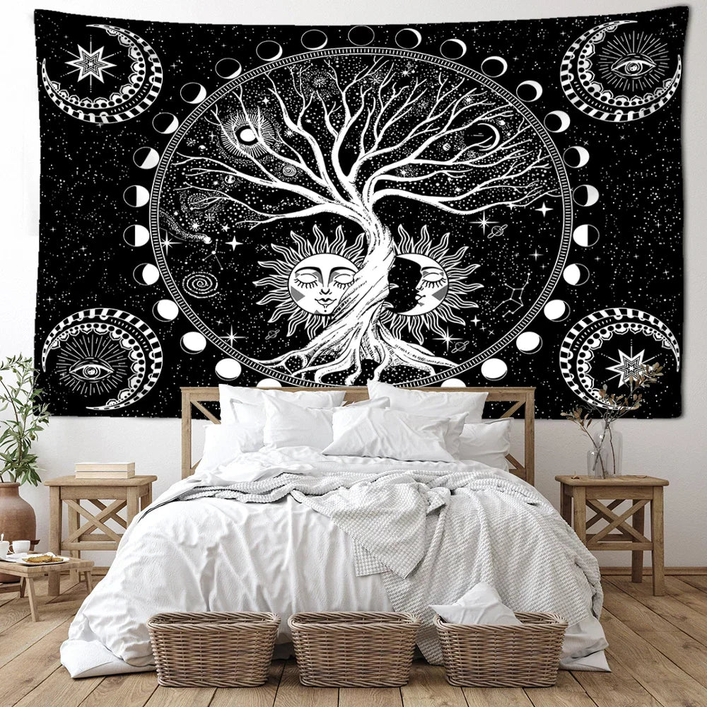 مفروشات حائط من DecorBites™ بتصميم شجرة الحياة الخضراء لديكورات غرف بوهيمية