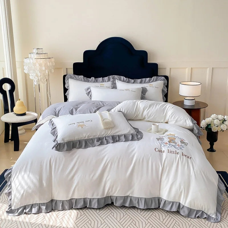 DecorBites™ French Embroidered Cotton Bed Skirt Set with Ruffled Edges