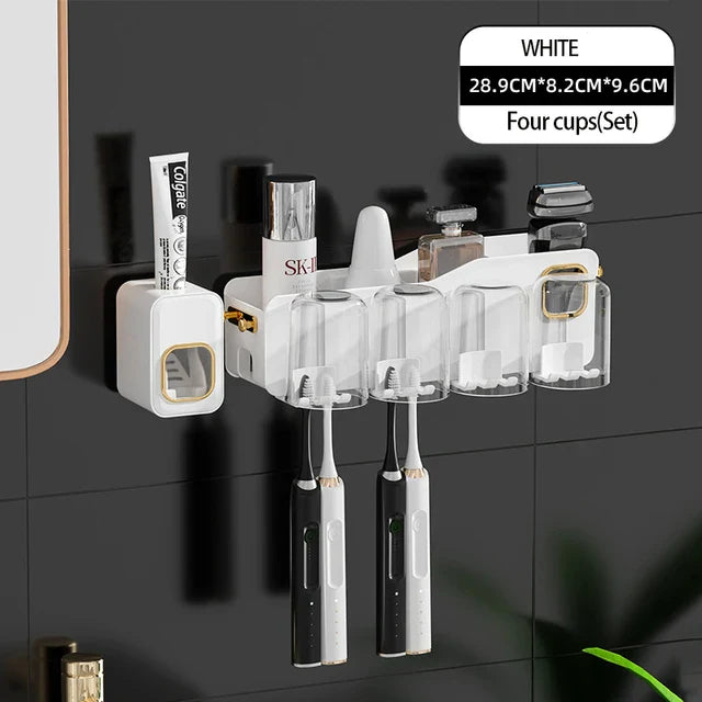 DecorBites™ Support de Brosse à Dents Inversé avec Distributeur de Dentifrice Automatique et Rangement de Maquillage