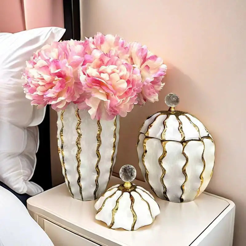 DecorBites™ Golden Checkmate Ceramic Pot Vase Wavy Gilt Storage Tank
