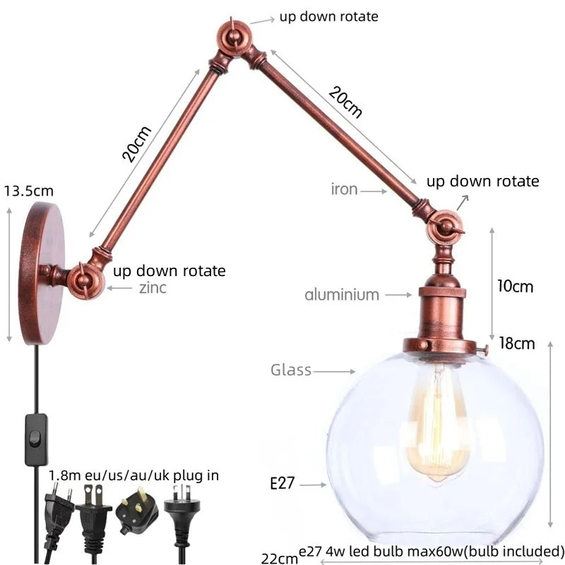 DecorBites™ Adjustable Glass Swing Arm LED Wall Sconce with Pull Chain Switch