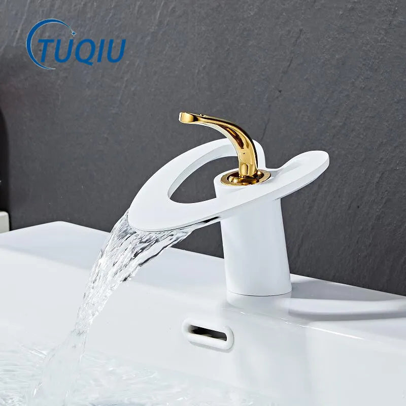 DecorBites™ Golden/White Basin Faucet: Black Brass Waterfall Sink Mixer Tap, Hot & Cold.