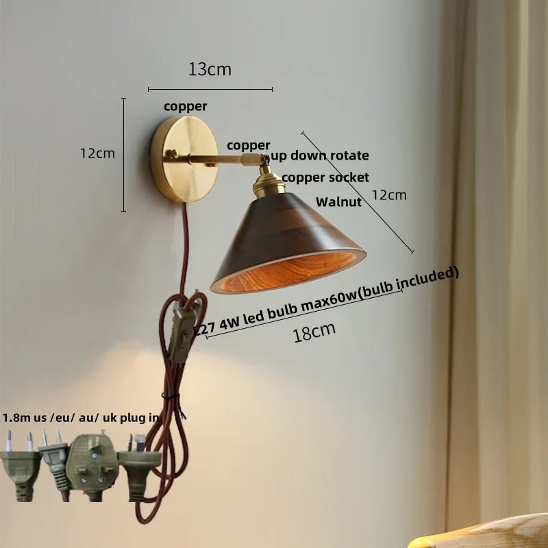 DecorBites™ LED Walnut Wood Wall Sconce Pull Chain Switch Modern Japanese Style Mirror Light