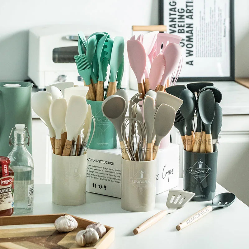 DecorBites™ 13-Piece Silicone Kitchen Utensil Set with Storage Box - Non-Stick Cooking Tools and Measuring Spoons