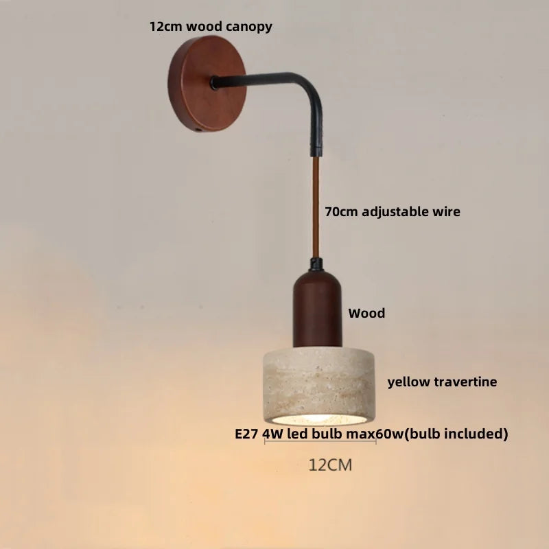 DecorBites™ LED Wall Lamp Pull Chain Switch Wood Nordic Modern Yellow Travertine Mirror Light