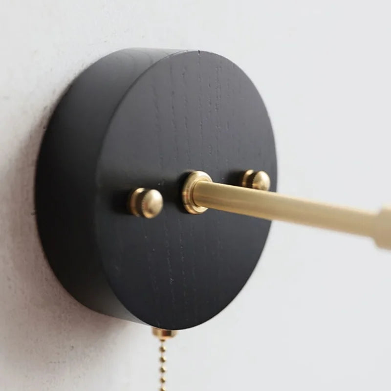 DecorBites™ Black Wood LED Wall Light with Pull Chain Switch, Rotating Japanese Style Bedside Lamp