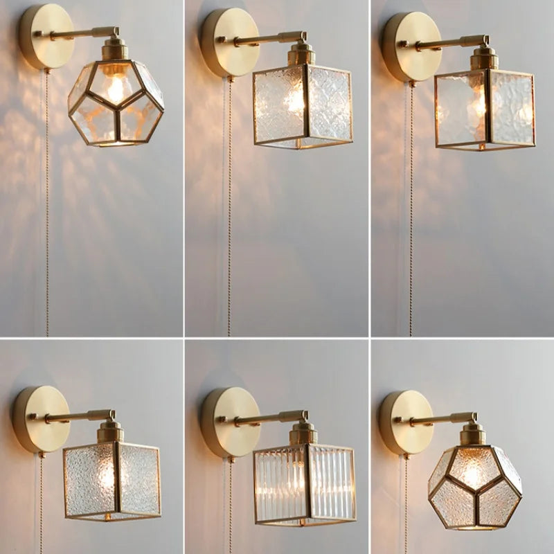 DecorBites™ مصباح حائط LED على الطراز الياباني مع مفتاح سحب زجاجي شفاف ومصباح بجانب السرير