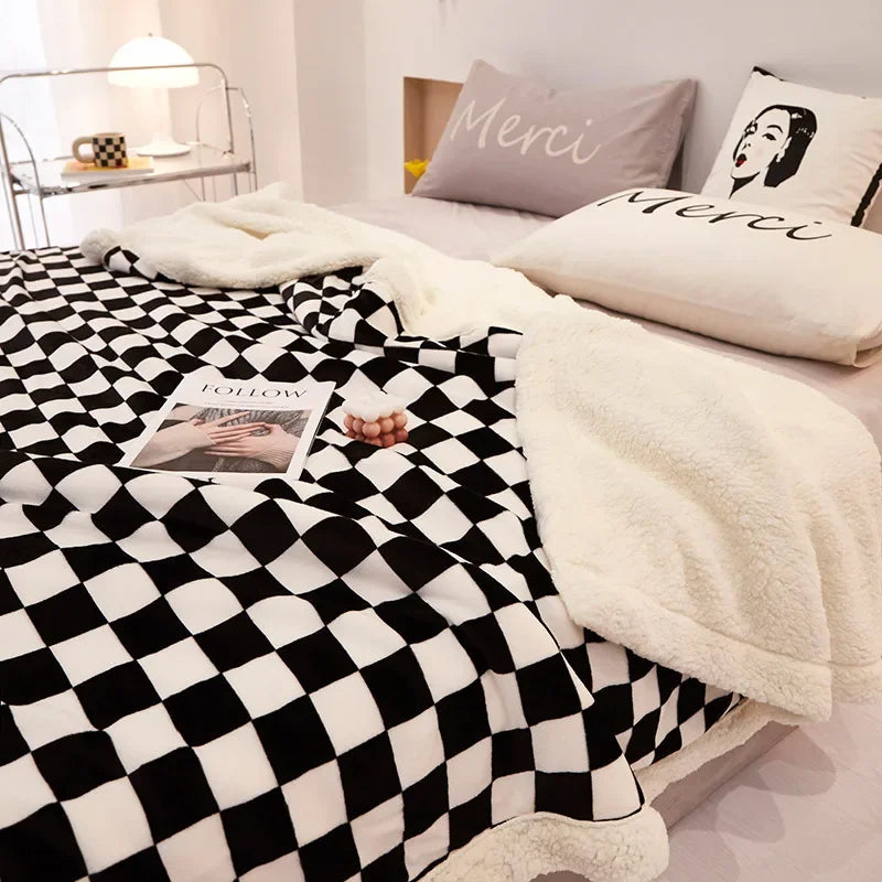2024 DecorBites™ Checkerboard Lamb Fleece Blanket Cover - Premium Printed Blanket Series