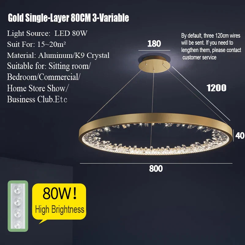 DecorBites™ Crystal Led Chandelier: Modern Luxury K9 Ring Dimmable Circle Hanging Lamp - Bedroom Living Dining Room Lighting