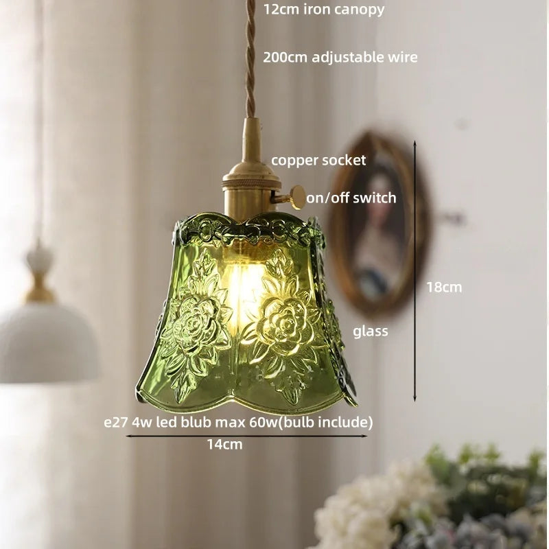 مصباح معلق LED زجاجي أخضر DecorBites™ | خشب جوز نورديك حديث | مفتاح بمقبض نحاسي | إضاءة متدلية