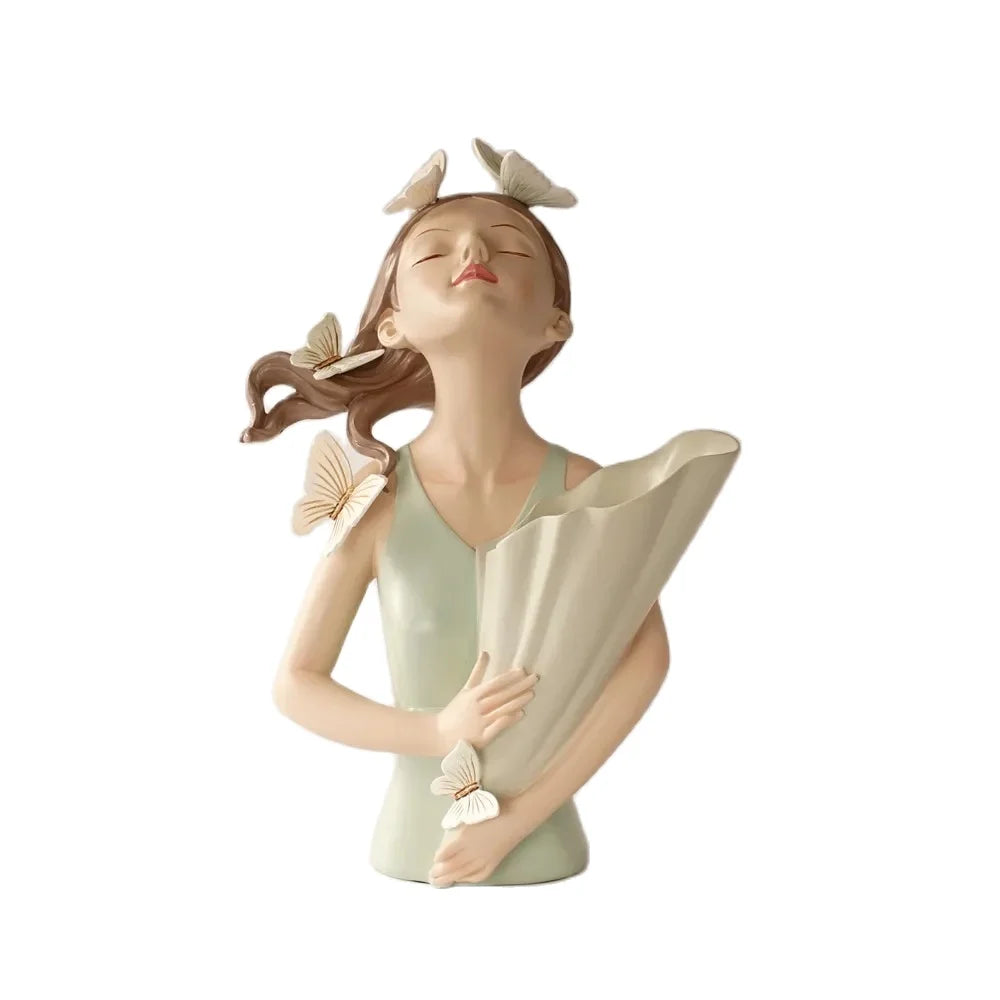 DecorBites™ 30cm Pink Butterfly Girl Vase Statue Modern Home Decor Resin Figurines
