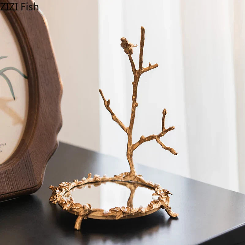 DecorBites™ Golden Glass Tray Branch Storage Cosmetics Organizer Jewelry Display Plate