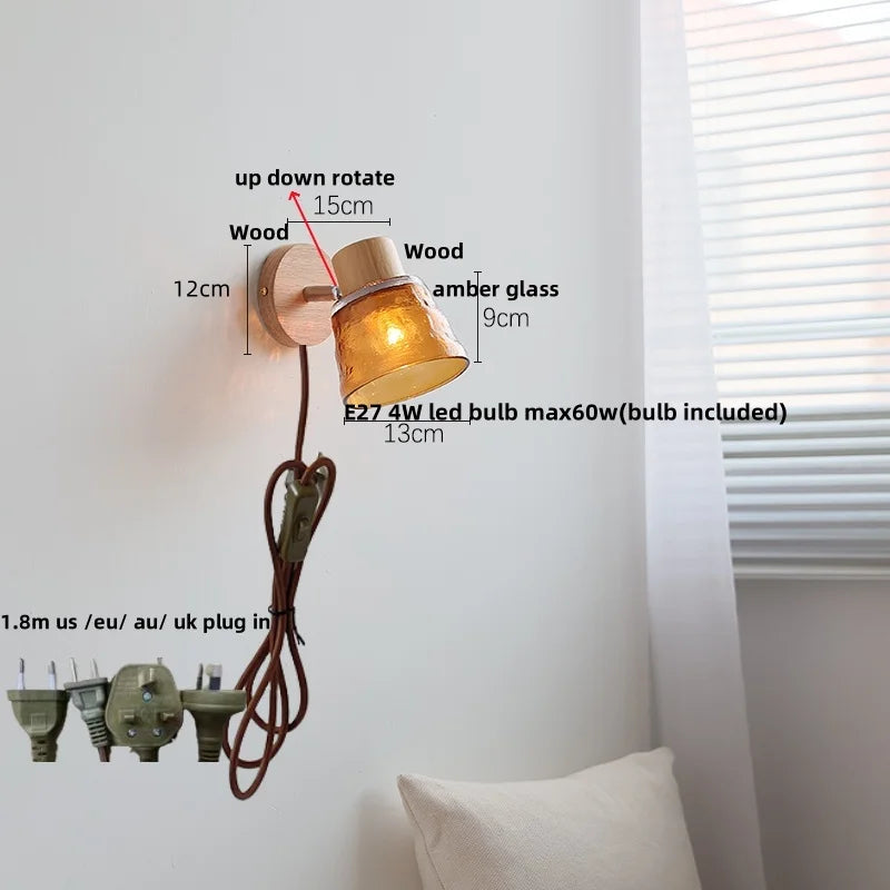DecorBites™ Amber Glass LED Wall Sconce Nordic Modern Wood Pull Chain Switch Stair Light