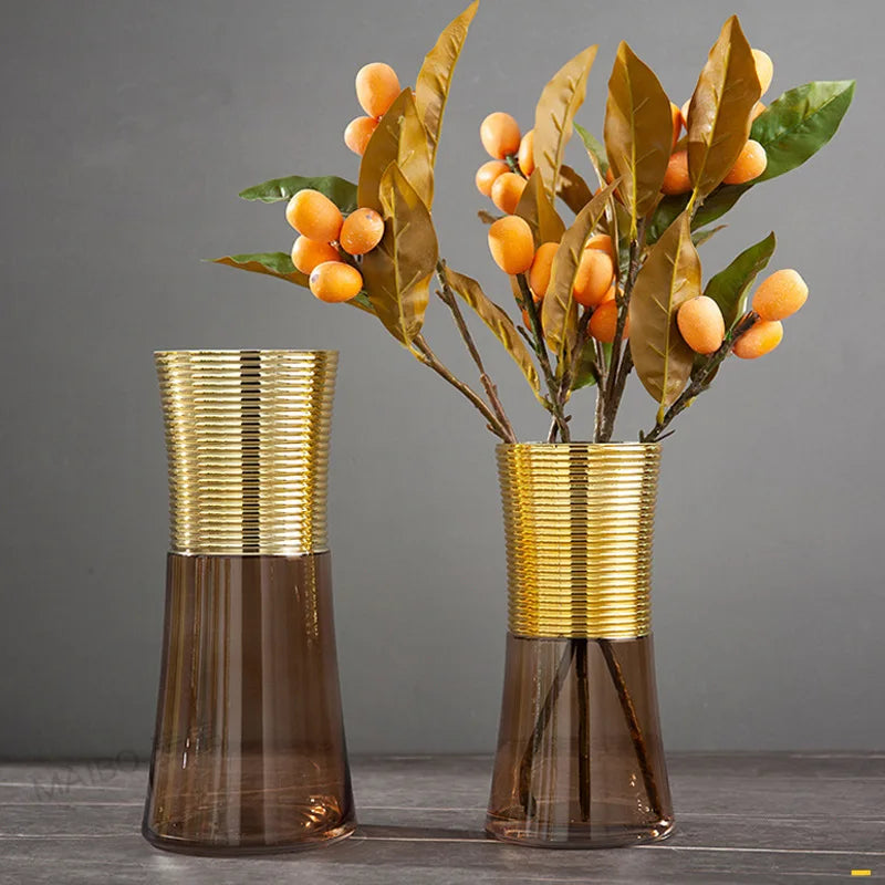 DecorBites™ Gold Metal Glass Vase: Round Transparent Terrarium for Home Decor & Flower Arrangement