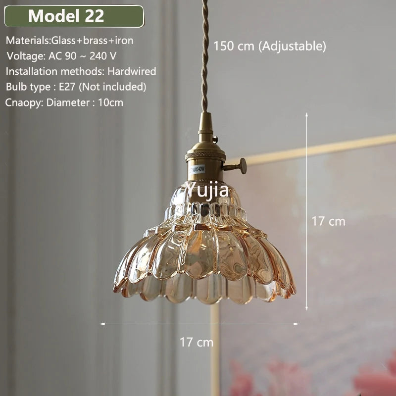 Vintage Amber Glass Pendant Light With Brass Detail