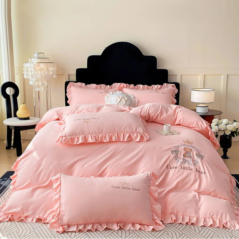 DecorBites™ French Embroidered Cotton Bed Skirt Set with Ruffled Edges