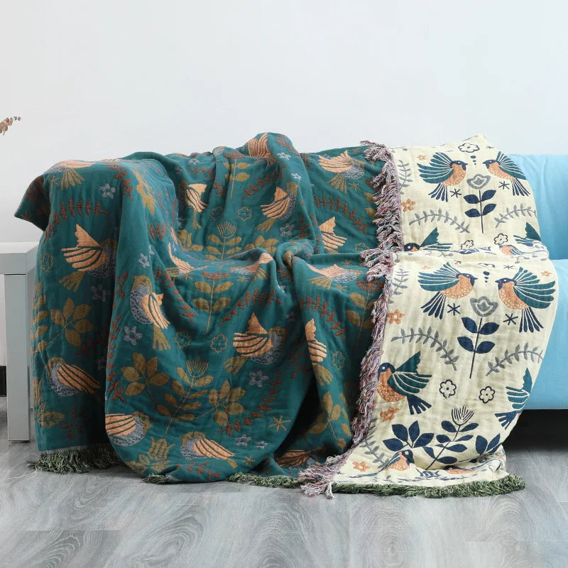 DecorBites™ Birds Jacquard Cotton Gauze Sofa Cover - Non-Slip Blanket for All Seasons