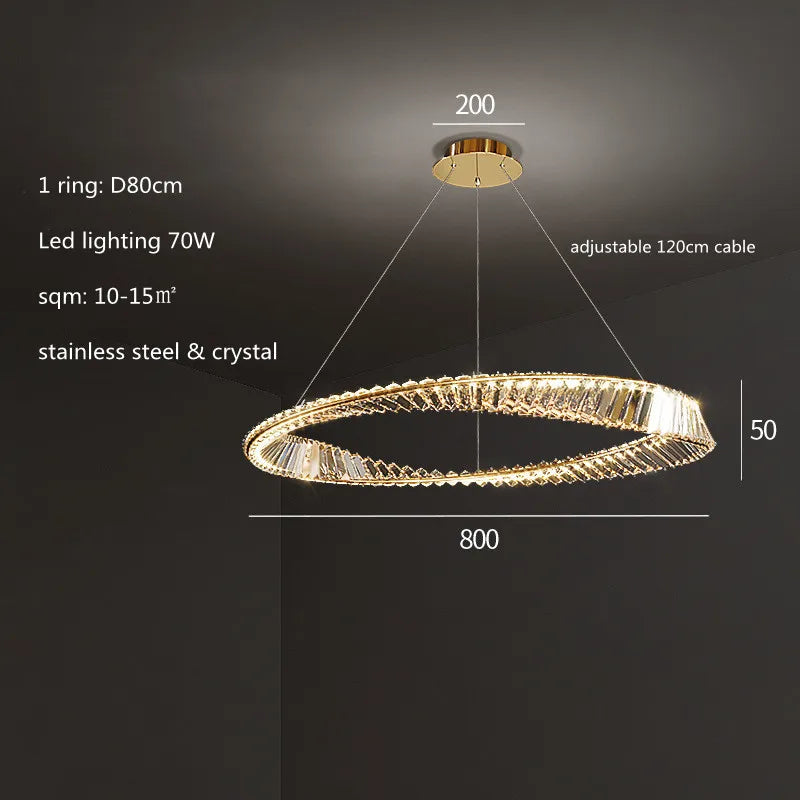 DecorBites™ Gold Plated Steel Ring Pendant Lamp with Dimmable LED Lights and K9 Crystals