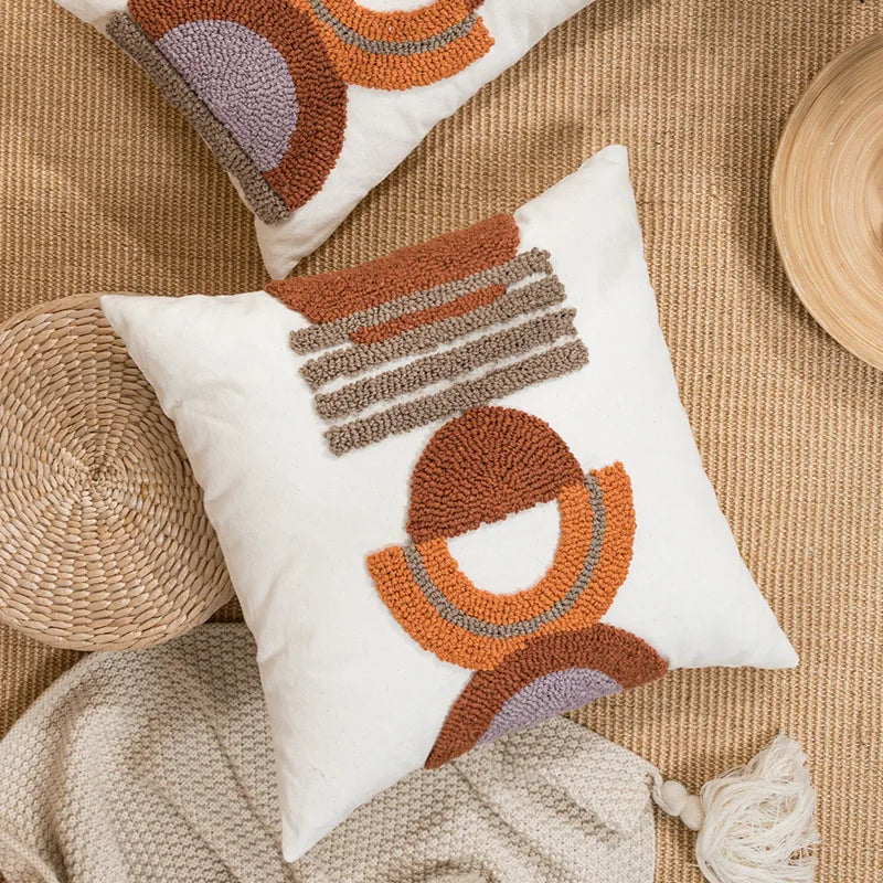 Housse de coussin DecorBites™ demi-cercle en toile de coton tuftée brodée - Moderne et élégante