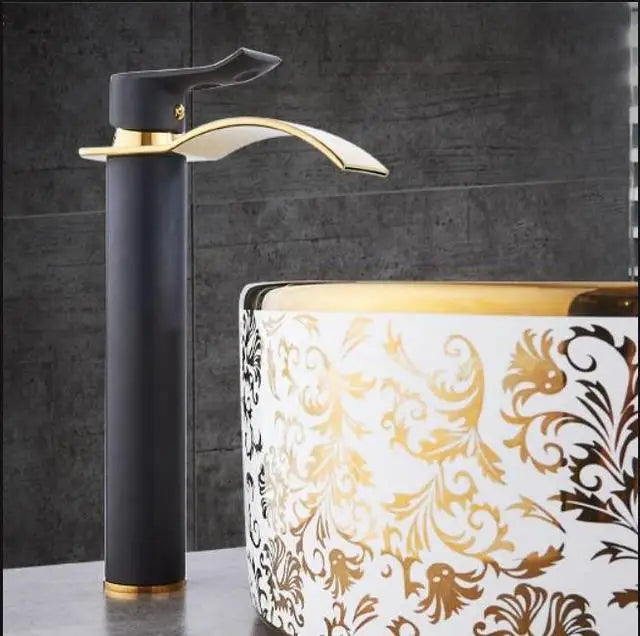 Robinet mitigeur d'évier DecorBites™ cascade doré et blanc pour salle de bain, eau chaude et froide
