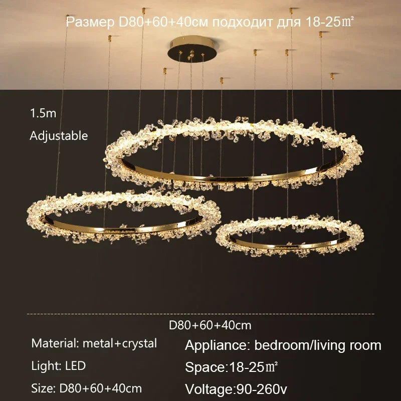 DecorBites™ ثريا كريستال ذهبية مستديرة | ثريا هالو LED فاخرة بنمط نورديك لغرفة المعيشة