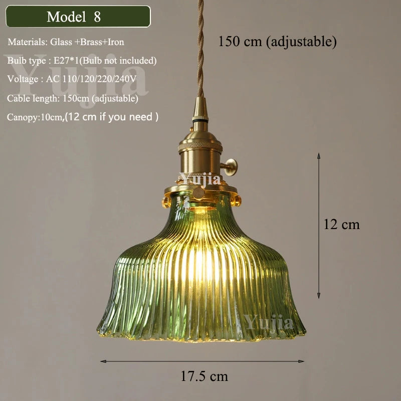 Vintage Green Glass Pendant Light With Brass Finish