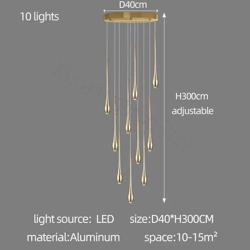 ثريا DecorBites™ الذهبية بإضاءة LED لغرفة المعيشة والسلالم في الفيلا الدوبلكس
