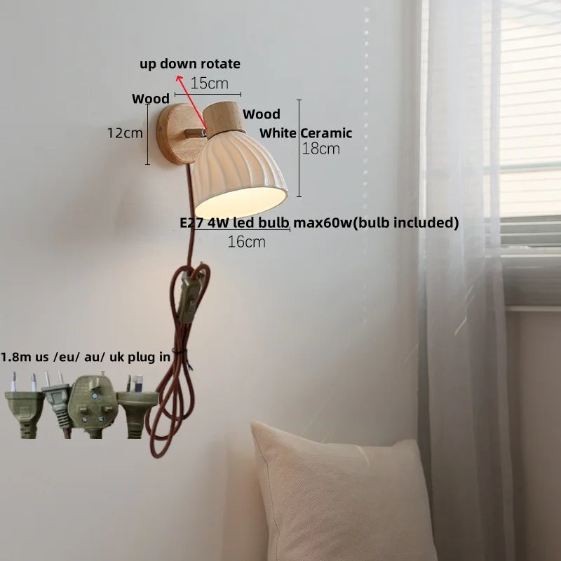 DecorBites™ Amber Glass LED Wall Sconce Nordic Modern Wood Pull Chain Switch Stair Light