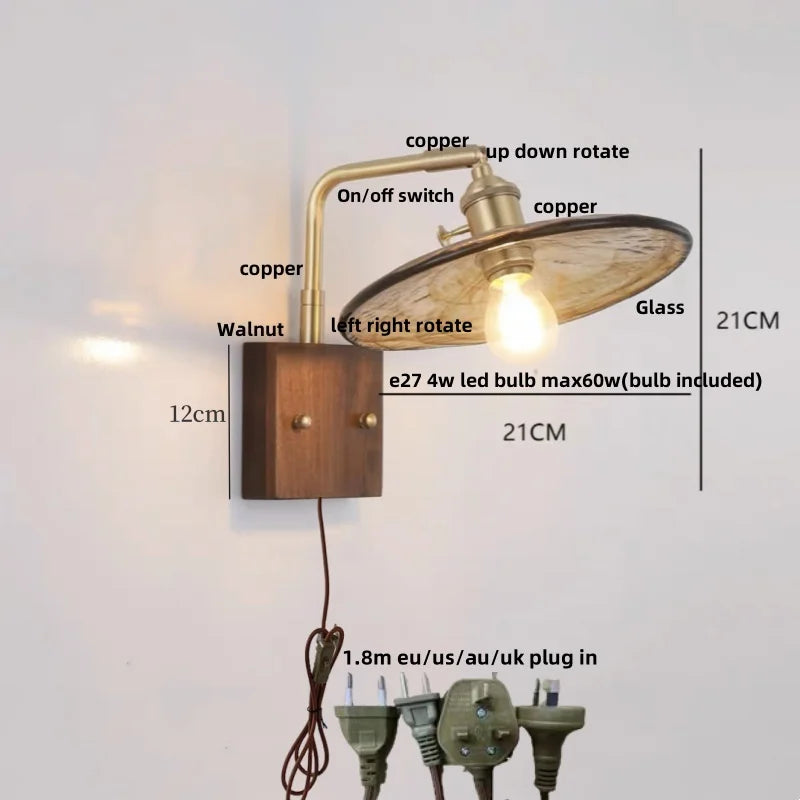 DecorBites™ LED Wall Light Walnut Wood Rotate Copper Bedside Lamp