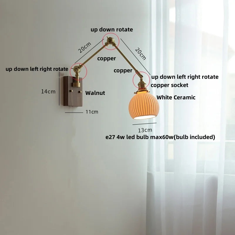 DecorBites™ Ceramic LED Wall Light Rotatable Walnut Bedside Lamp