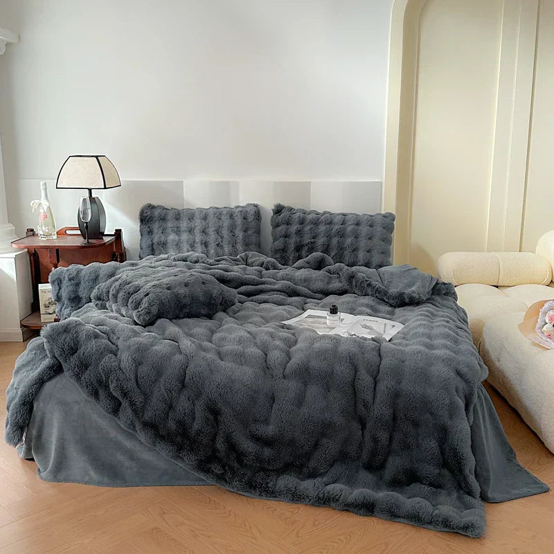 DecorBites™ Deluxe Faux Rabbit Fur Bedding Set: Soft Velvet, Plush Warmth for Winter