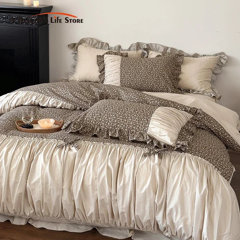 DecorBites™ French Floral Washed Cotton Bedding Set, Duvet, Sheet, Pillowcases