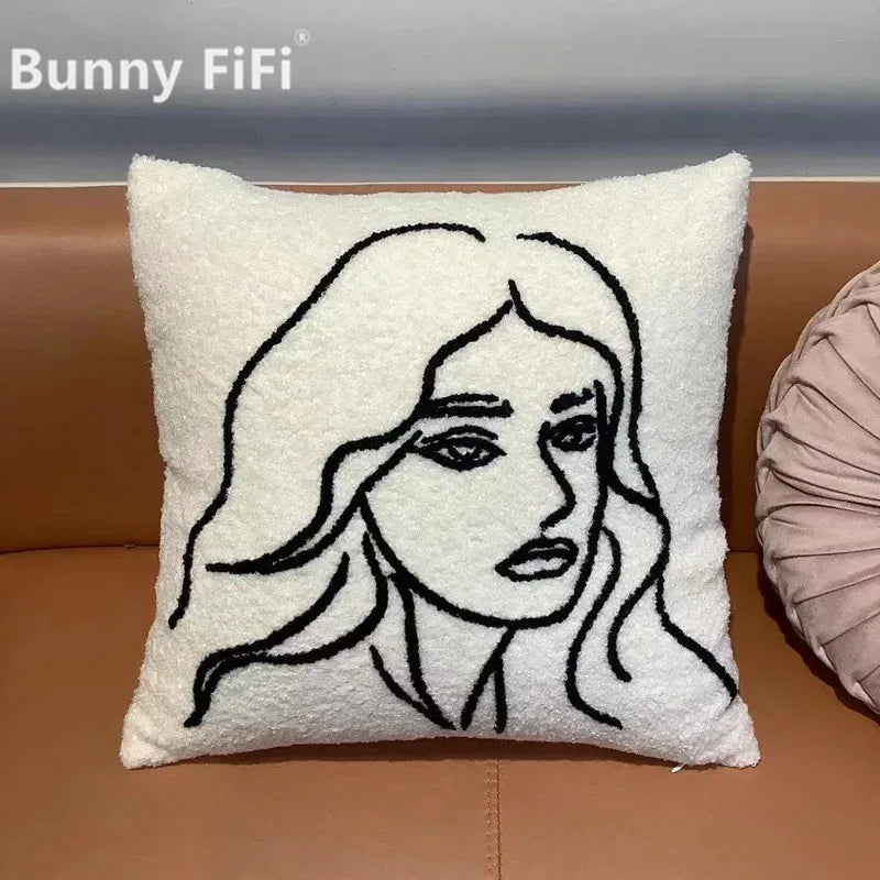 DecorBites™ غطاء وسادة من صوف الحمل مقاس 45x45، بيج أبيض، غطاء وسادة بتصميم فن تجريدي