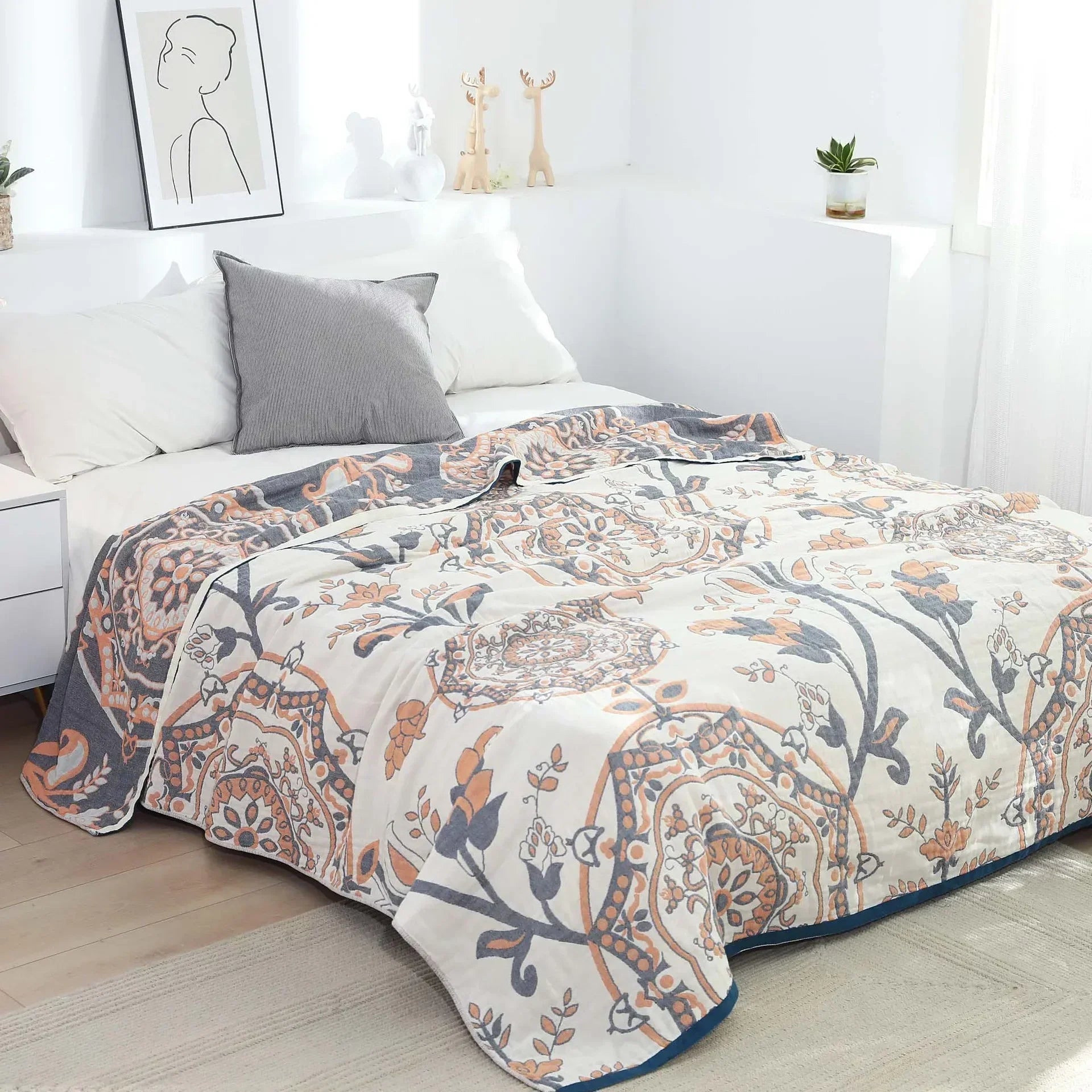 DecorBites™ 100% Cotton Gauze Summer Blanket - Soft Floral Throws for Sofa and Bed